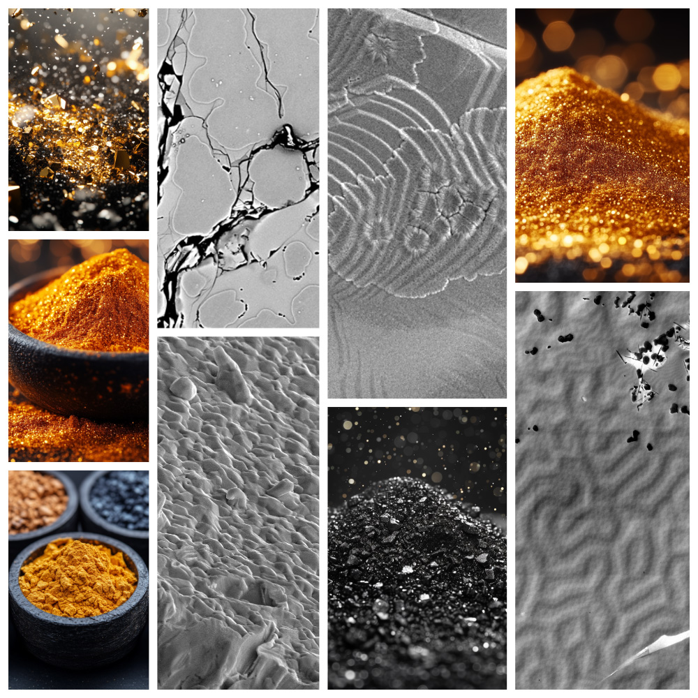 Die Laborräume des STI mit verschiedenen Arbeitsplätzen und Messinstrumenten. Hier eine Zusammenstellung wissenschaftlicher Aufnahmen, von Pulvern bis Elektronenmikroskopaufnahmen (REM).